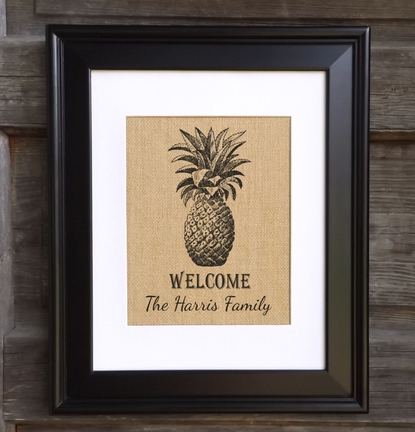 Pineapple Burlap Print Personalized Family Name Sign