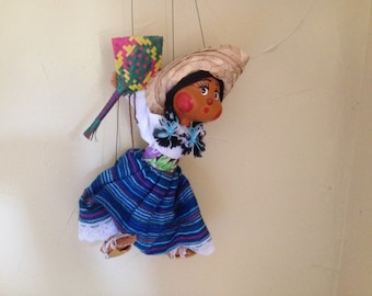 Vintage Cloth hand crafted Mexican Folk Art Puppet- Marionette- Girl with Fan
