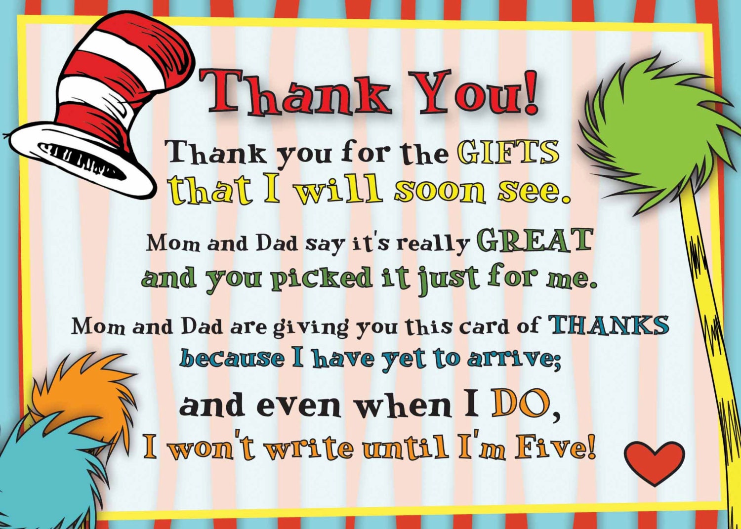 Dr. Seuss Thank You Card by PaperBearSweets on Etsy