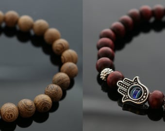 Vintage Wooden Hamsa Hand Bracelet, Silver Buddha Bracelet, Yoga Bracelet, Healer & Spiritual bracelets, Beaded Bracelets