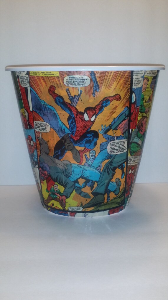 Trash can waste basket wrapped in Spiderman comic by BearsEtcetera