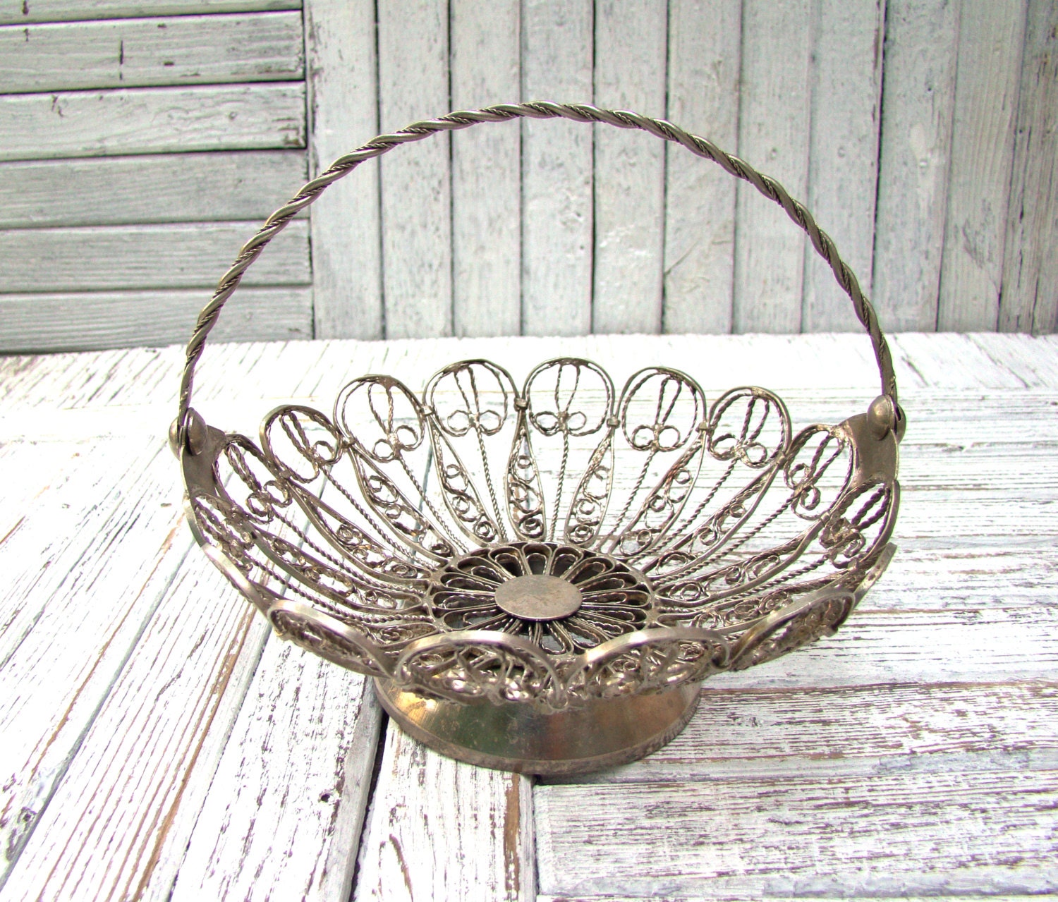 Vintage Filigree Metal Basket Candy Dish with Handle Soviet