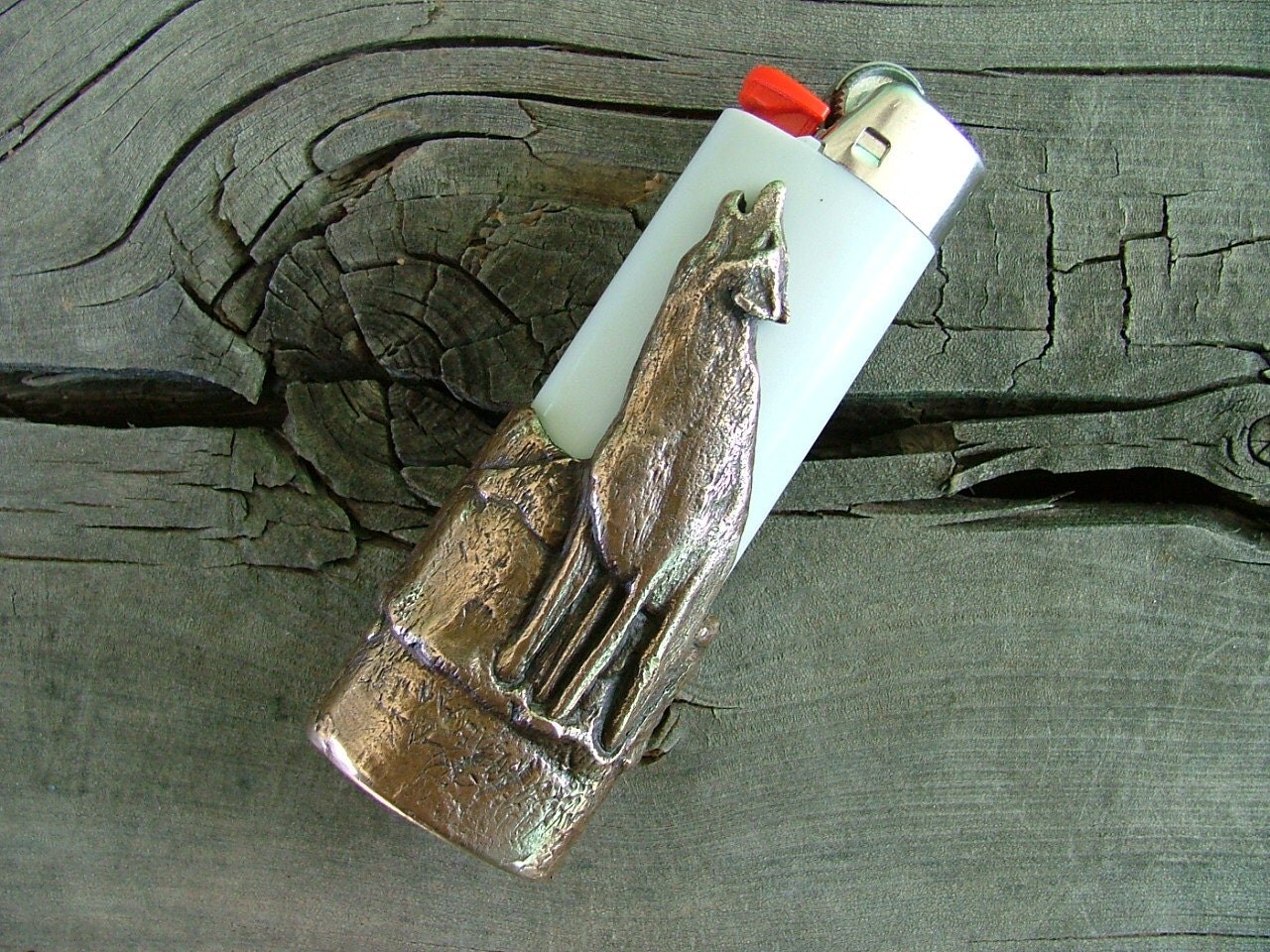 Solid Bronze Howling Wolf Bic Lighter Case