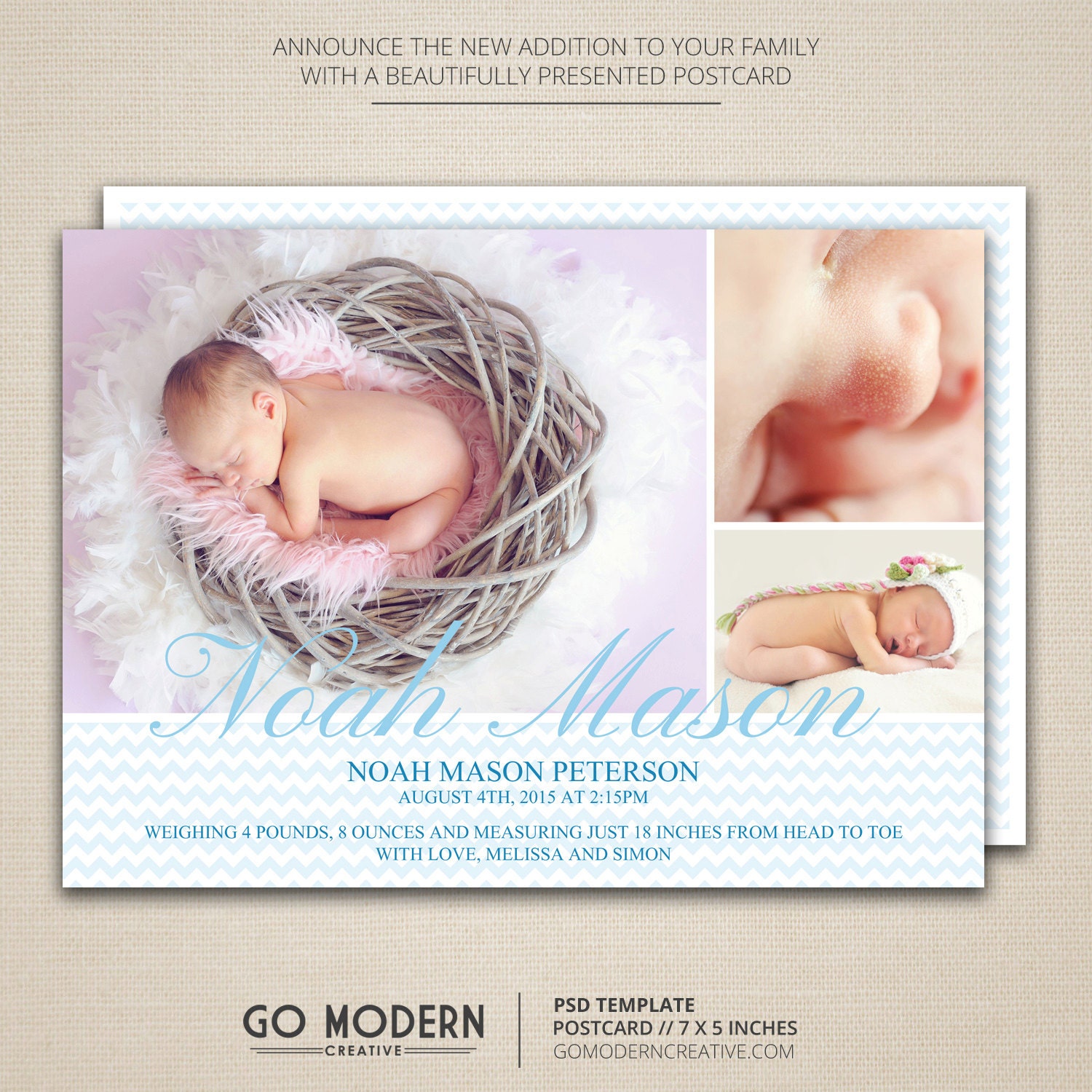 Baby Boy Birth Announcement Postcard Template // PSD
