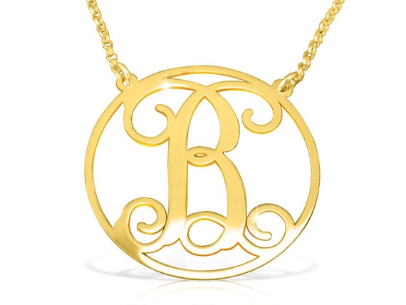 Solid Gold Initial Necklace/ Circle initial Real Gold / 14k