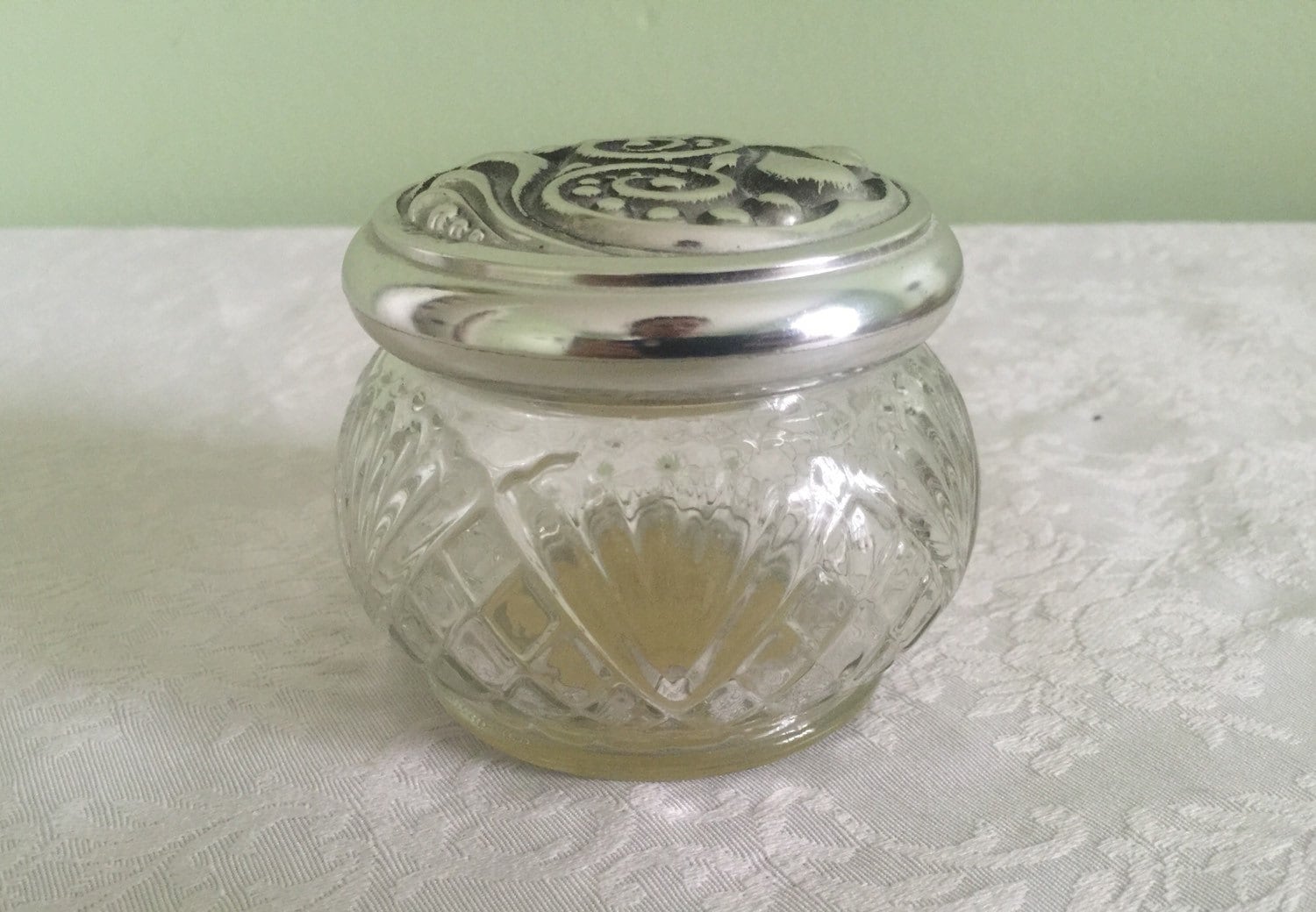 Vintage Avon moisture rich cream glass jar with ornate metal