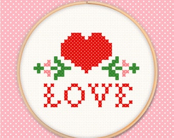 Love heart cross stitch embroidery gingham check flowers sew