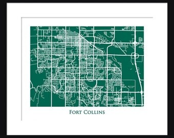 Fort Collins Map - Map of Fort Collins Colorado - Colorado State University - Print - Poster - Rams