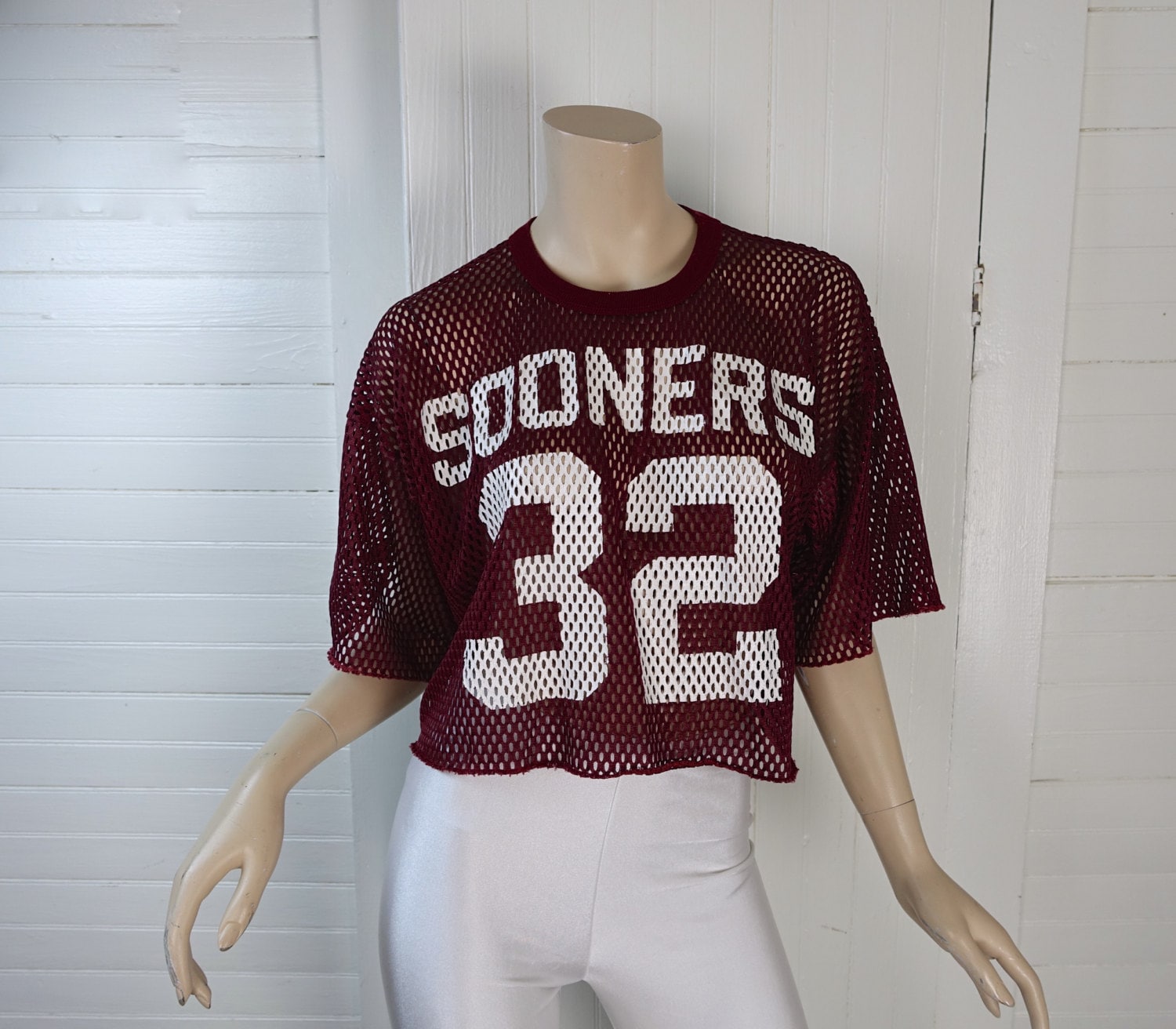 80s Men's Crop Top in Mesh Burgundy Football Jersey Half