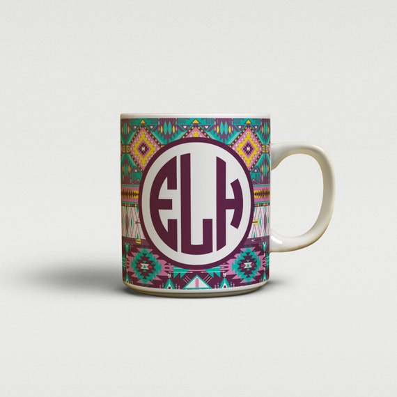 Items similar to Personalized coffee mug, Aztec print in aqua purple ...