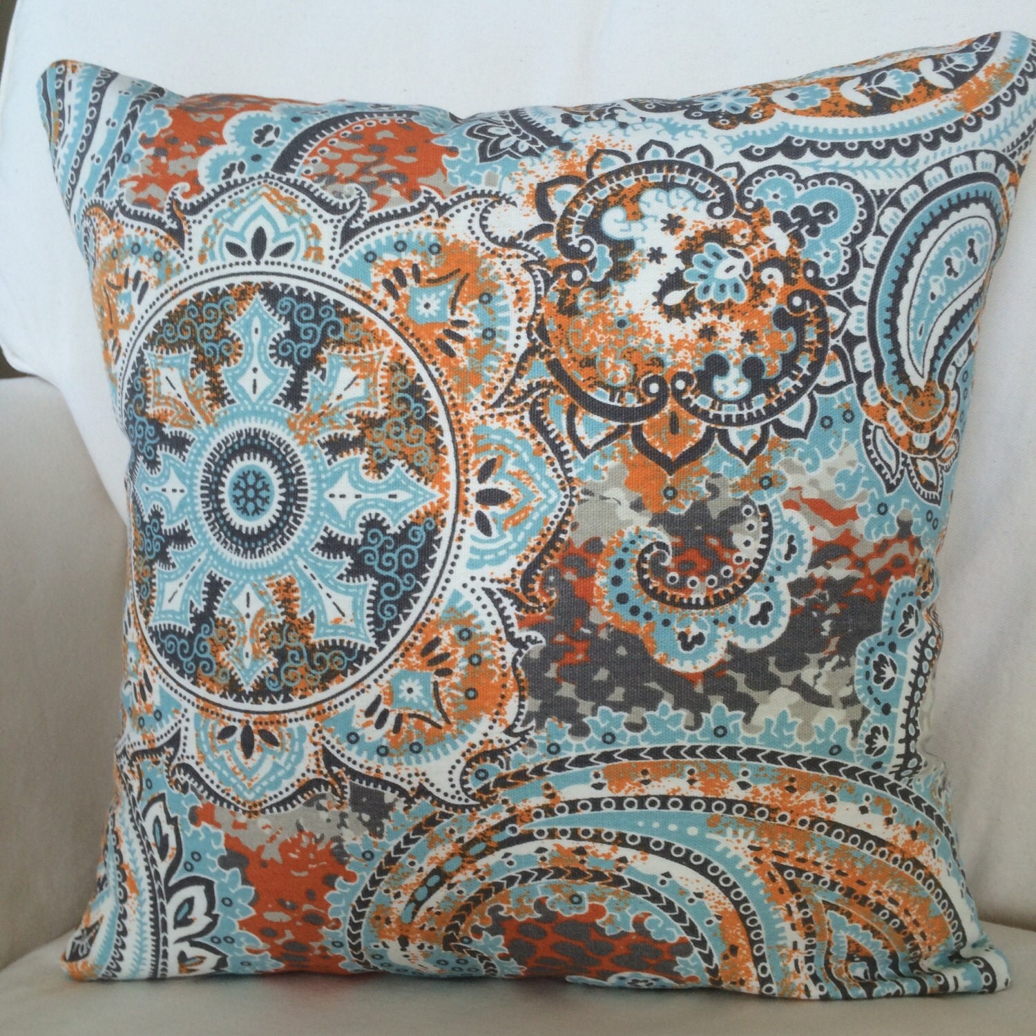 Rust Orange Blue Gray Paisley Throw Pillow by MarolizanaDesigns