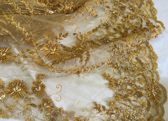 Gold Embroidery Mesh Tulle Lace Fabric with Beads High end