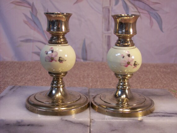Vintage Brass & Porcelain Candle Holders