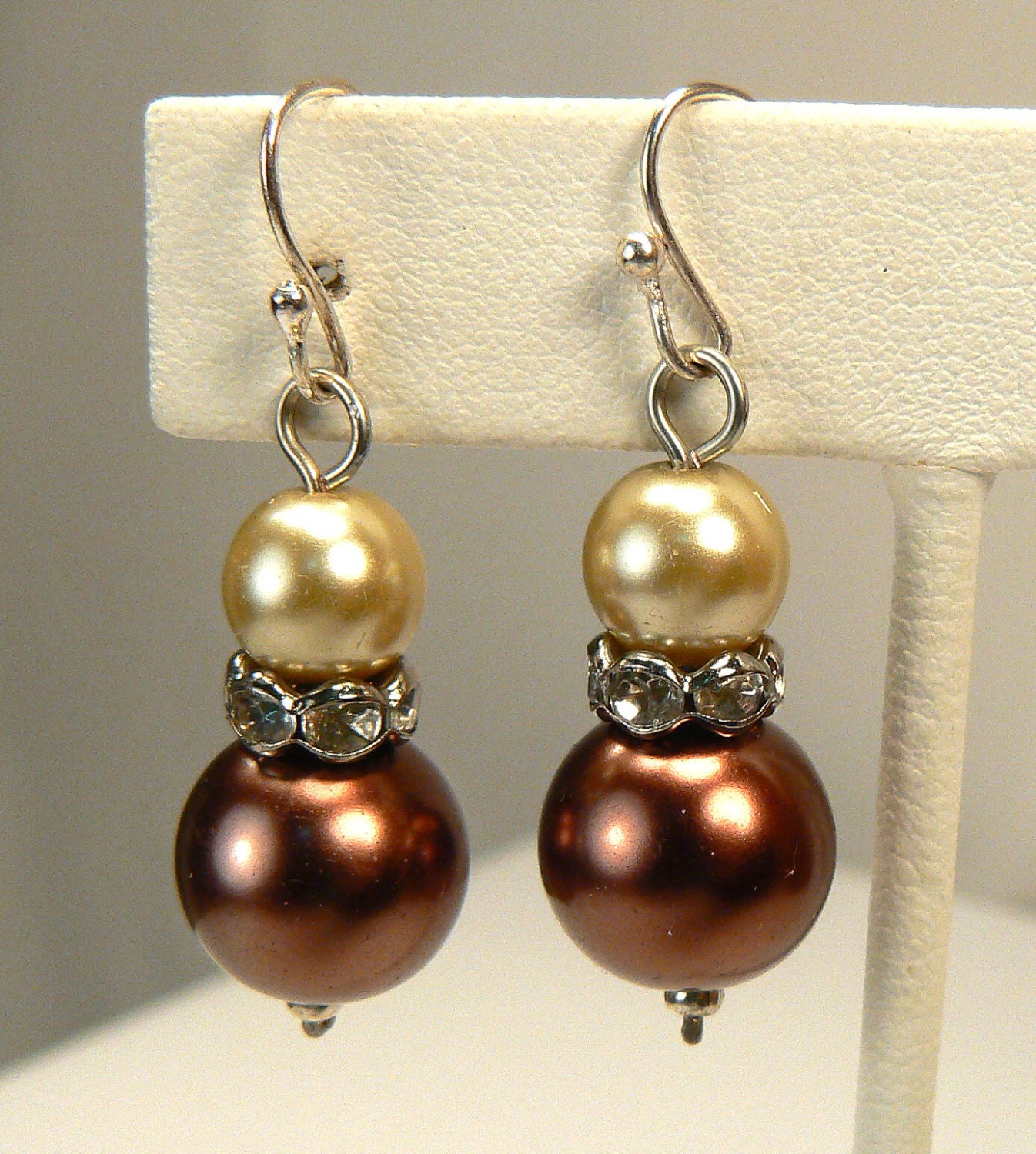 Brown Bronze Pearl Earring Dangles Silver Crystal by MyMBridal