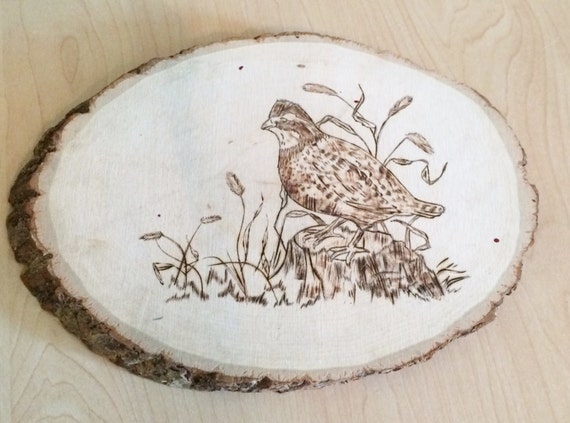 Items similar to Woodburning of quail on a tree stump - handmade ...