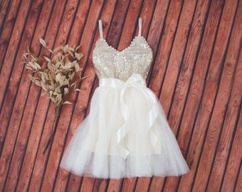 Gold Cream Tulle Flower Girl Dress Sash Belt set, Gold sequin dress, Gold Ivory Cream Wedding, Ball Gown, Gold glitter, Ivory tutu dress