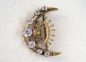 Antique Moon and Star Pin with Clear Crystal Stones