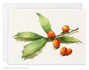 Set of 4 Christmas cards - Xmas Cards, Holiday Cards, Holly watercolor cards