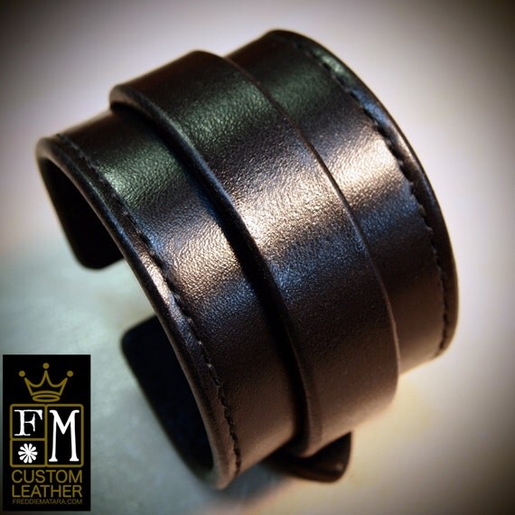 Leather cuff Bracelet black handstitched custom crafted for YOU in NYC by Freddie Matara