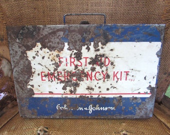 Vintage Metal First Aid Emergency Kit Wall Mount Box for Johnson & Johnson, 60s, home decor, display piece, storage
