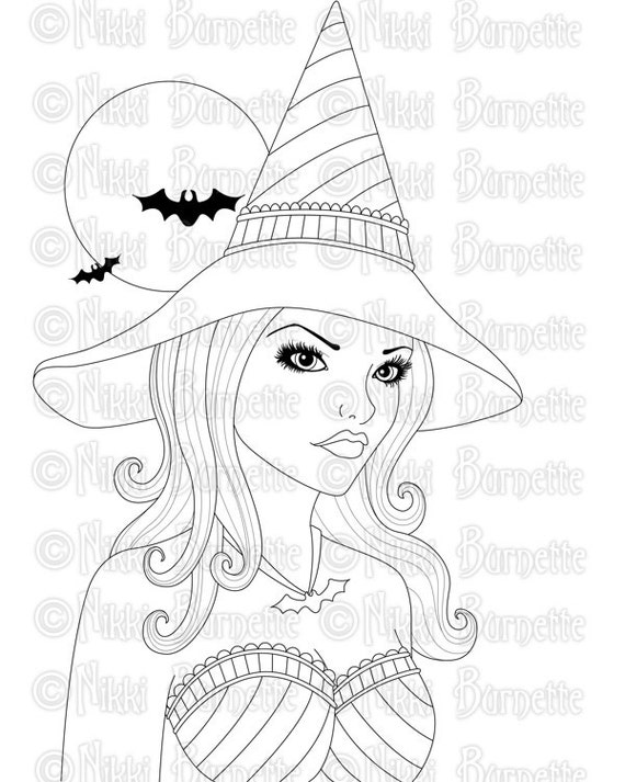 Digital Stamp Printable Coloring Page Fantasy Art Witch