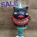 SALE- Bug Eyed Cat Ball Halloween Sculpture on Turquoise Wooden Spool