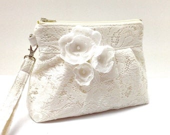 Wedding Clutch Purse Zippered Wristlet Ivory Cream Lace with Flowers LAST ONE