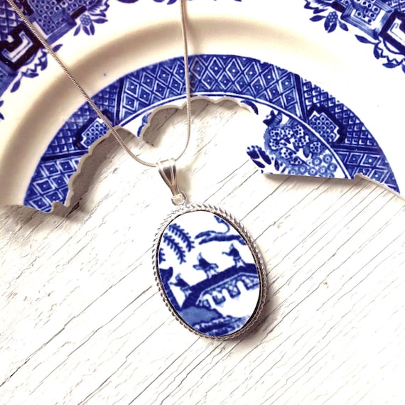 Broken China Jewelry-Willow Pattern-Willow Ware-Blue and White China