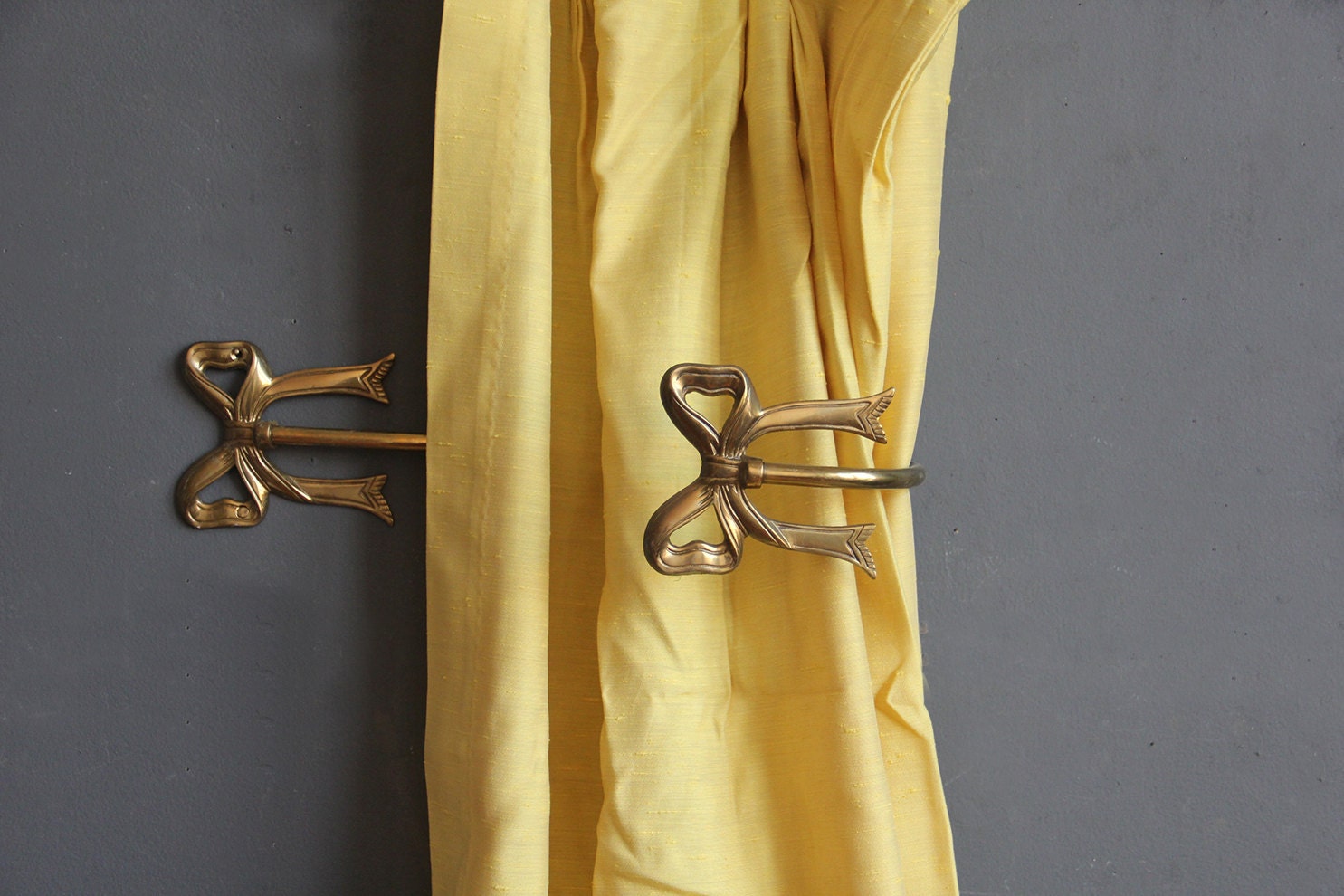 Large Solid Brass Ribbon Bow Curtain Tie Backs Set of 2