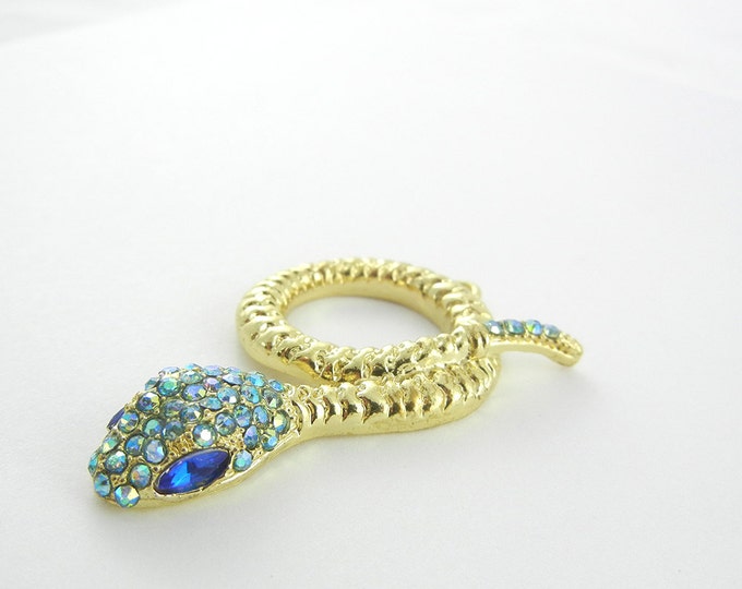 Snake Pendant Charm Blue Rhinestones Gold-tone