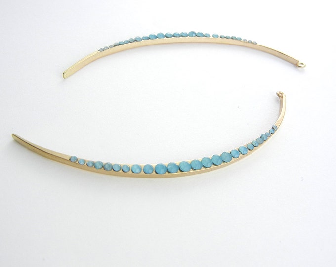 Pair of Long Slim Crescent Gold-tone Frosted Blue Cabochon Encrusted Charms