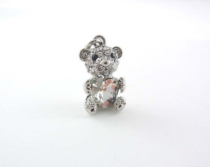 Silver-tone Rhinestone Teddy Bear with Heart Pendant