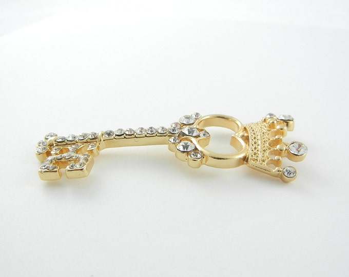 Gold-tone Skeleton Key with Crown Rhinestones