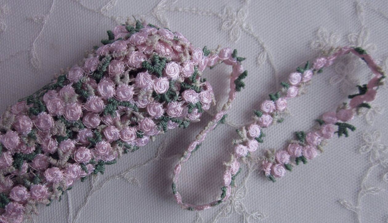 Hand dyed pink embroidered rose bud flower ribbon trim Hand dyed pink embroidered rose bud flower ribbon trim