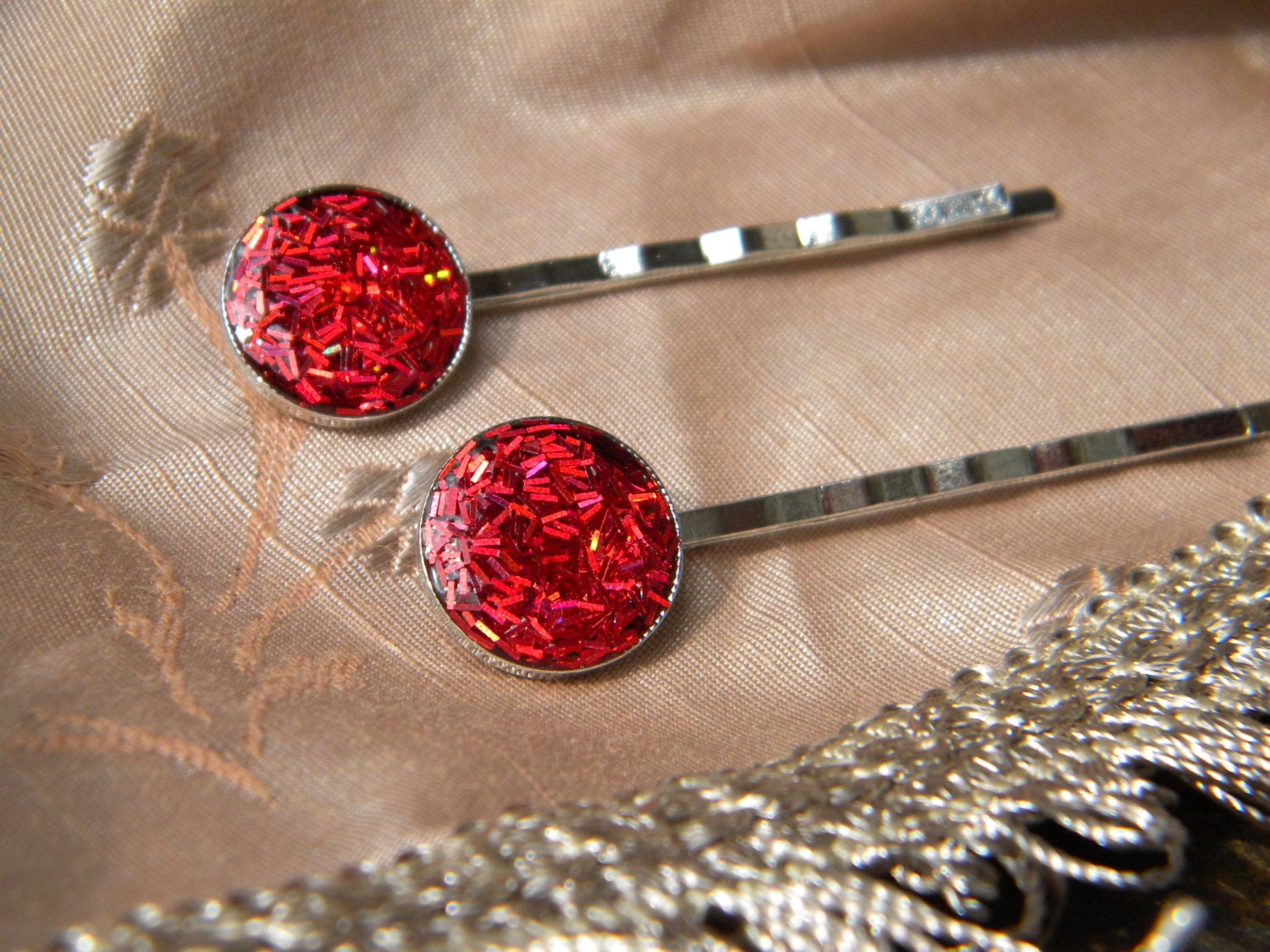 Red Glitter Sparkly Bling Round Hair Pins by CityGirlGlassDesigns