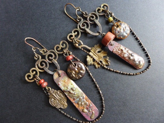 Eunoia. Rustic chandelier victorian tribal earrings in earthy brown.