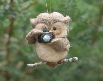 Needle Felted Owl Ornament - Holding Camera