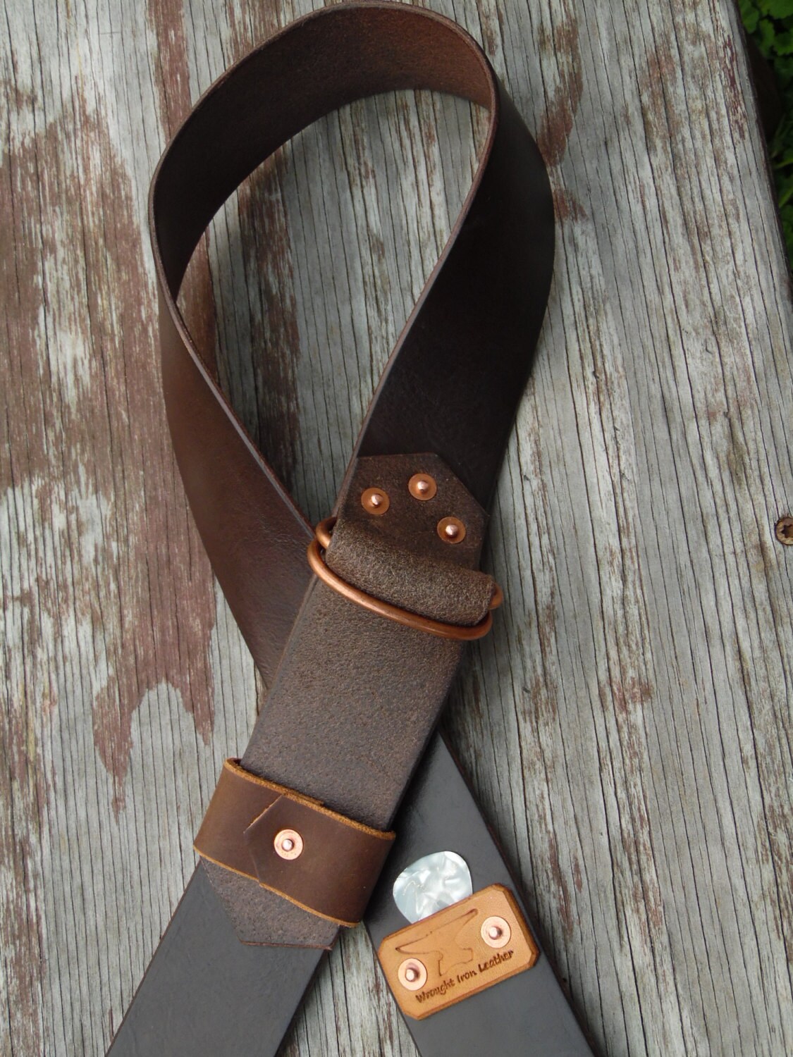 Brown Vegetable Tanned Leather Guitar Strap w/ pick holder
