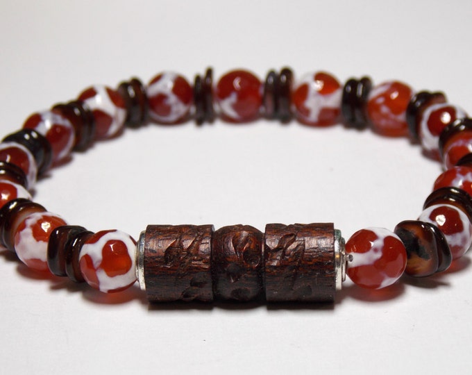 Mens Bracelet Semiprecious Gemstone Bracelet Tibetan Agate Shell Wood Bracelet Natural Elements Prayer Bracelet Mens Fashion