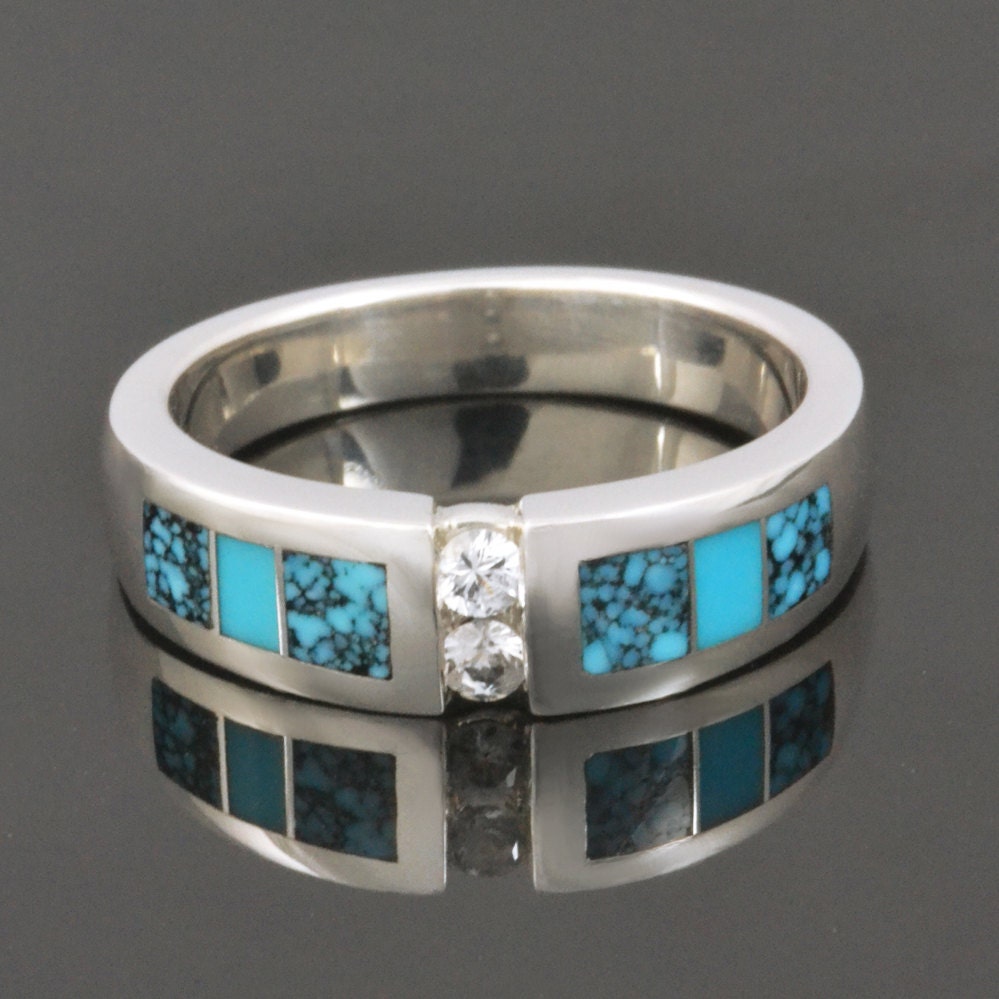Turquoise Wedding Ring With White Sapphire Accents Set in