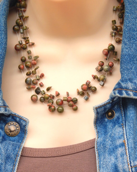 Floating Illusion Gemstone Necklace Unakite by Kikiburrabeads