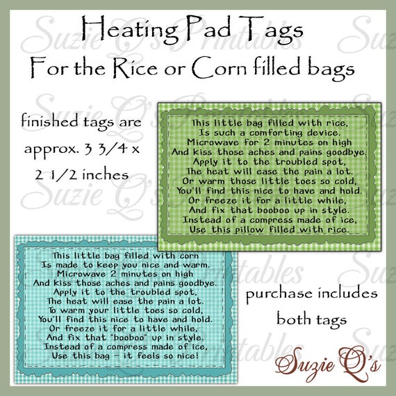 Instruction Tags for the Rice or Corn Filled Heating Pad