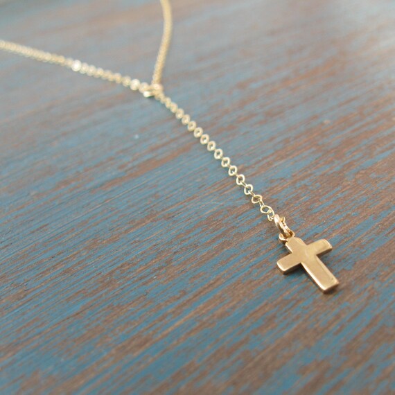 Gold Y lariat cross necklace Long Gold lariat necklace