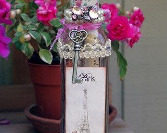 Decorated Bottle Paris Bottle Shabby Bottle French Chic Eiffel Tower Bottle