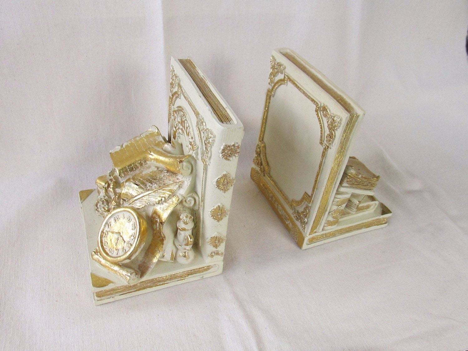 Vintage Heavy Resin Ivory & Gold Bookends w/Fancy Books