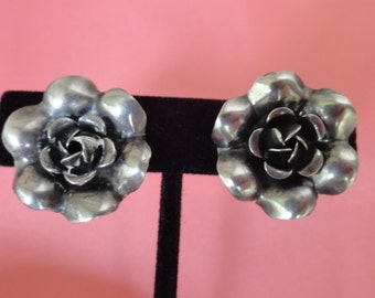 STERLING ROSE Earrings Screwback Vintage Retro