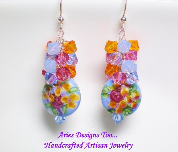 Blue Floral Chintz Lampwork Earrings in Periwinkle Blue, Orange and Rose, Blue and Orange Floral Earrings,Dangle Earrings