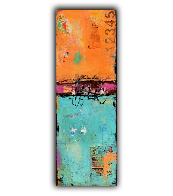 Abstract Contemporary Art on wood. 12x36 painting mixed media