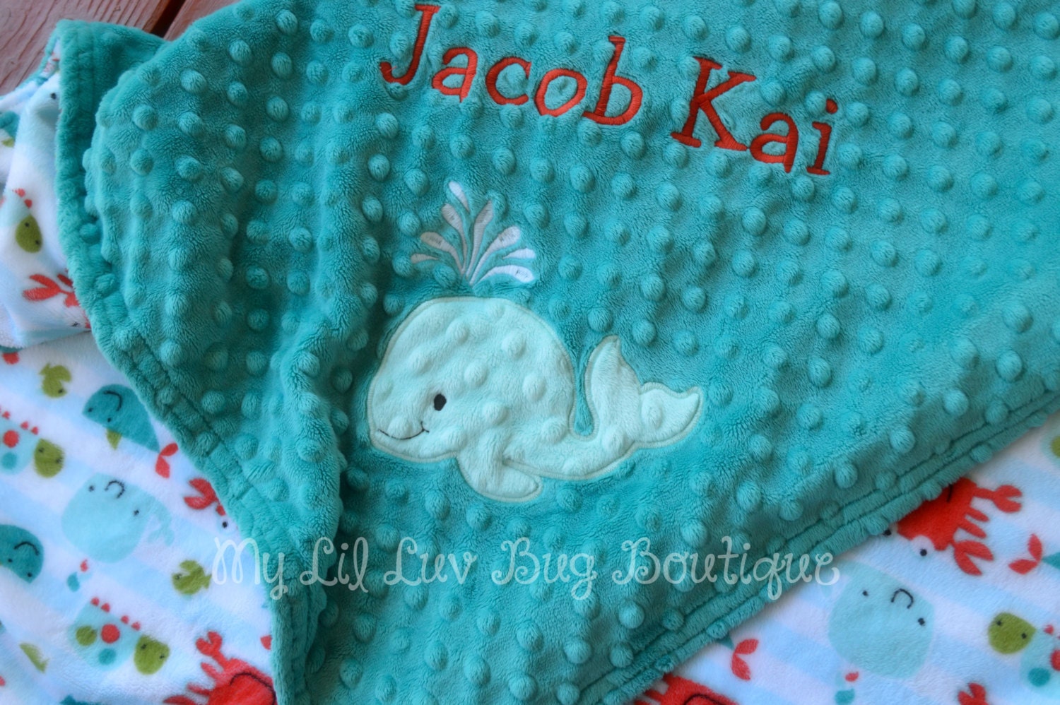 Whale baby blanket with name Personalized baby blanket teal