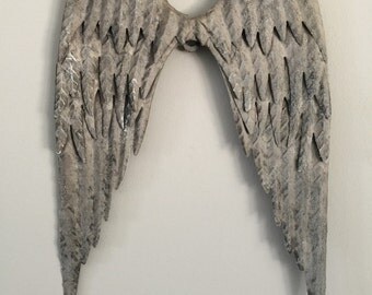 11" grey metal tin wings large-vintage distressed patinas,wings metal, wings angel,wings wall decor,baby decor,tin wings,with hook